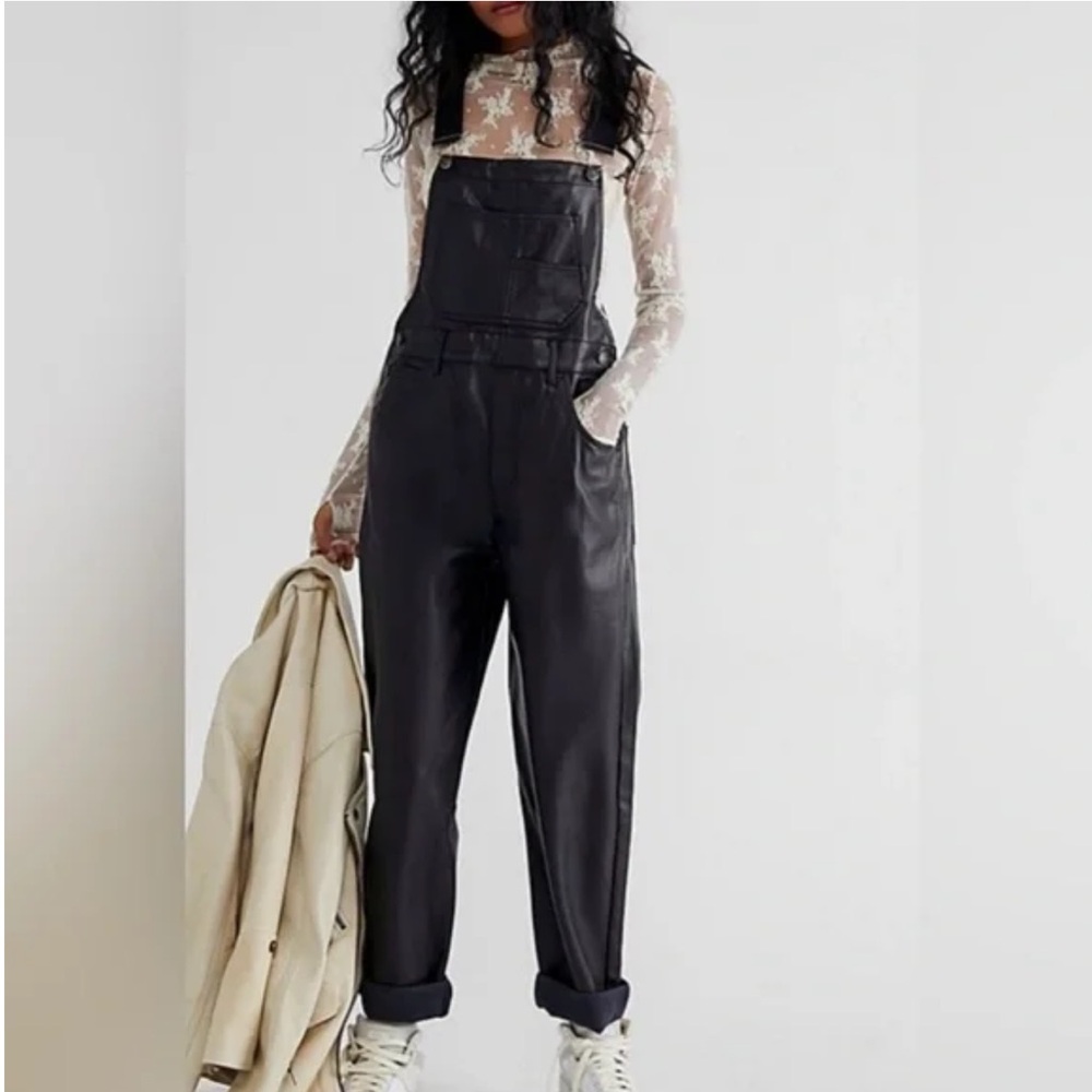 We The Free Black Vegan Leather Overalls Medium
